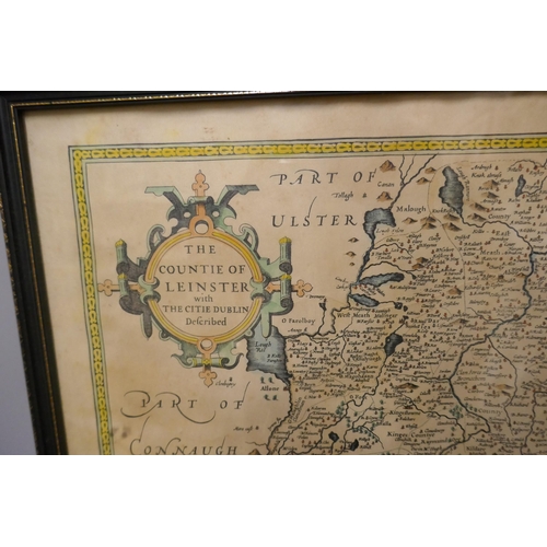 273 - A 17th Century John Speed engraved coloured map, The Countie Of Leinster with The Citie Dublin Descr... 