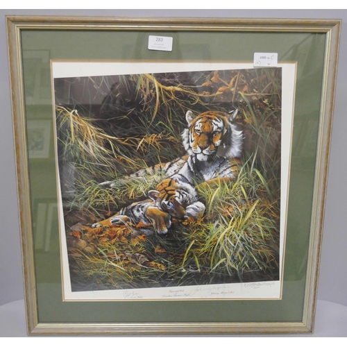 283 - Two limited edition prints, Tiger and Cub, signed by the artist and Johnny Morris; a Distant Movemen... 