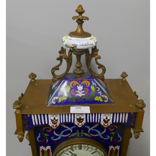 290 - A French style brass and champleve enamelled mantel clock