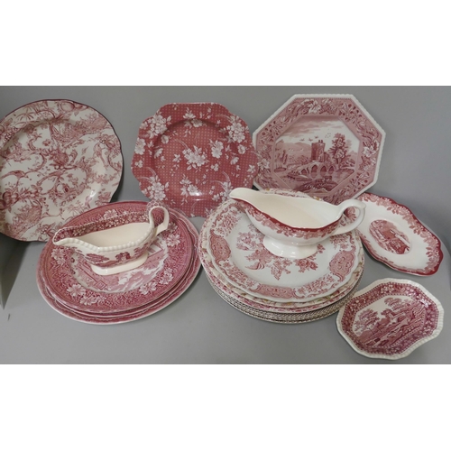 301 - A collection of Spode Pink Tower dinnerwares; eight dinner plates, nine soup bowls, ten side plates,... 