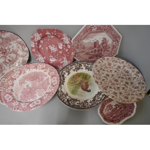 301 - A collection of Spode Pink Tower dinnerwares; eight dinner plates, nine soup bowls, ten side plates,... 