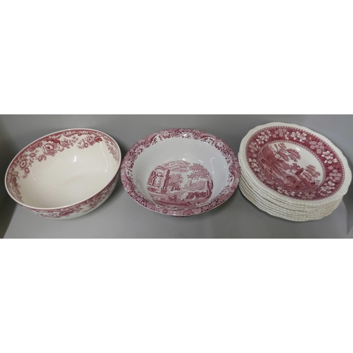 301 - A collection of Spode Pink Tower dinnerwares; eight dinner plates, nine soup bowls, ten side plates,... 