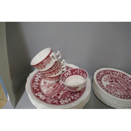 301 - A collection of Spode Pink Tower dinnerwares; eight dinner plates, nine soup bowls, ten side plates,... 