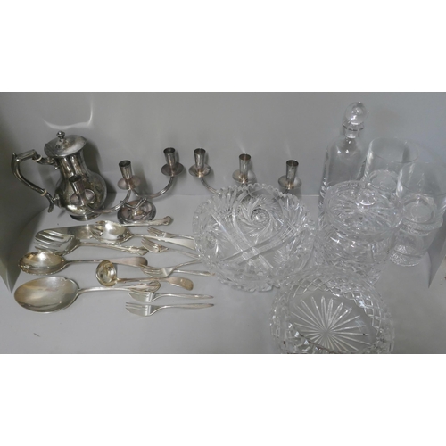 303 - A Swedish Kosta Boda glass Pippi decanter, four whisky tumblers, crystal biscuit barrel and two heav... 