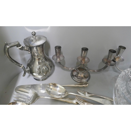 303 - A Swedish Kosta Boda glass Pippi decanter, four whisky tumblers, crystal biscuit barrel and two heav... 