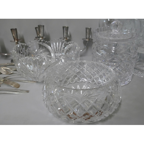 303 - A Swedish Kosta Boda glass Pippi decanter, four whisky tumblers, crystal biscuit barrel and two heav... 