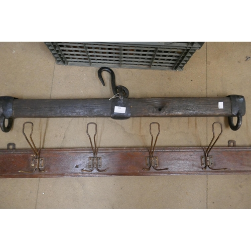 304 - A pair of classical style spelter figures, a/f, vintage coat hooks, elm and steel hanging rack and a... 