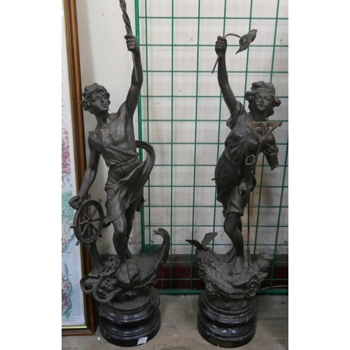 304 - A pair of classical style spelter figures, a/f, vintage coat hooks, elm and steel hanging rack and a... 