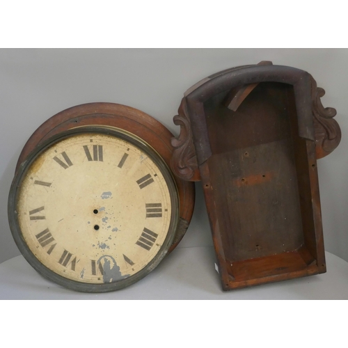 334 - A 19th Century drop dial wall clock case with dial, bezel and assorted clock weights