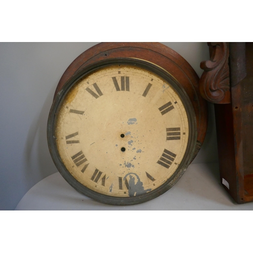 334 - A 19th Century drop dial wall clock case with dial, bezel and assorted clock weights