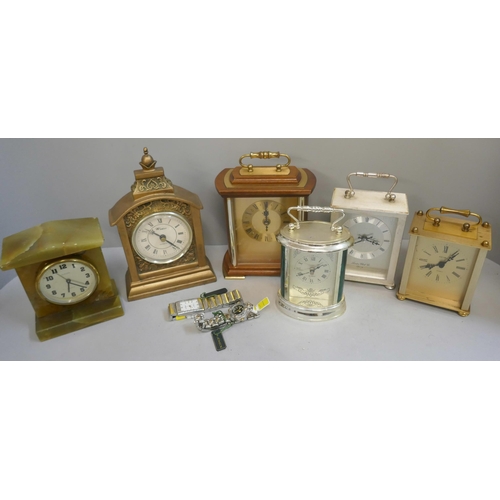 336 - Six clocks including one onyx, four carriage clocks, and two wristwatches by Quernex