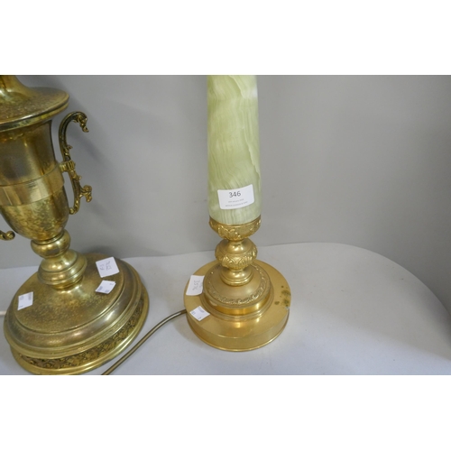 346 - An onyx table lamp and a brass table lamp