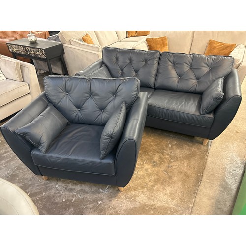 1465 - A blue leather Hoxton love seat and three seater sofa, RRP £3498