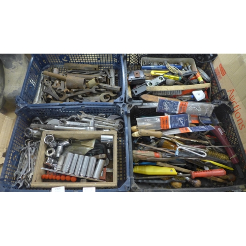 2316 - 4 trays of assorted hand tools including spanners, files and wire brushes etc