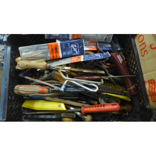 2316 - 4 trays of assorted hand tools including spanners, files and wire brushes etc