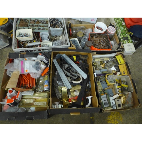 2352 - 5 trays of assorted hardware and consumables including locks and keys, hinges fixing kits, nails scr... 