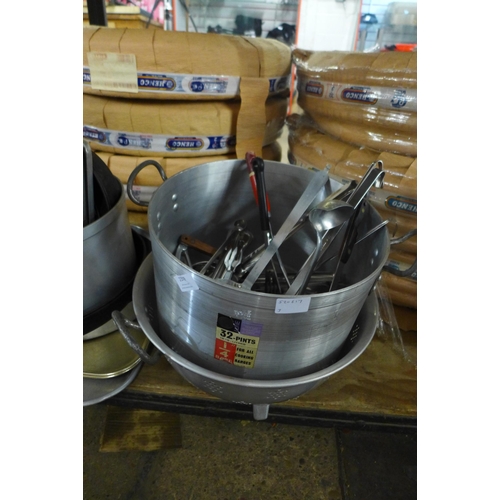 2379 - A large quantity of catering equipment including a Lune 32 pint (18.18l) stainless steel cooking pot... 