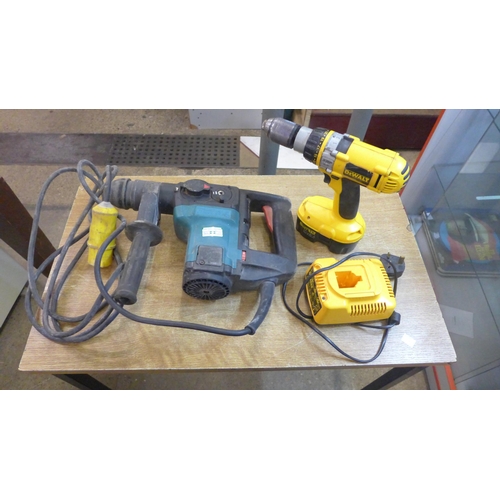 2032 - Two power tools, a Dewalt drill (model DW988) and a Makita HR3000 rotary hammer