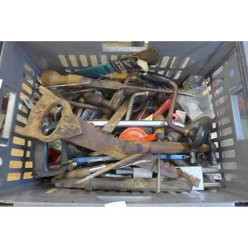 2037 - A large quantity of assorted hand tools including hand drills, hammers, files, screwdrivers, saws, e... 
