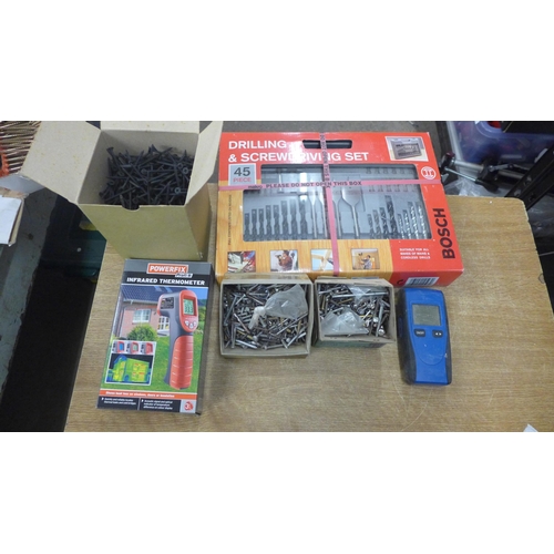 2053 - Bosch drilling and screw driver set, infrared thermometer and a box of dry wall screws