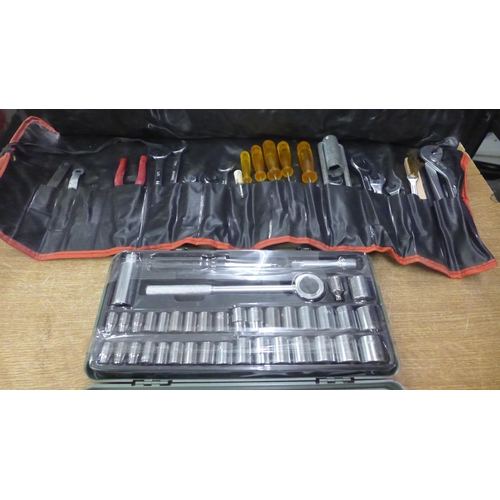 2055 - Cased socket set and tool roll of tools