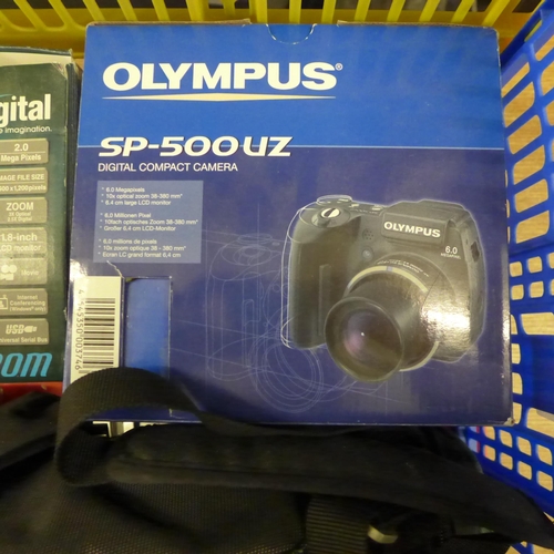 2085 - A box of various digital cameras including Olympus SP-500VZ, Fujifilm Finepix 2000 zoom, etc.