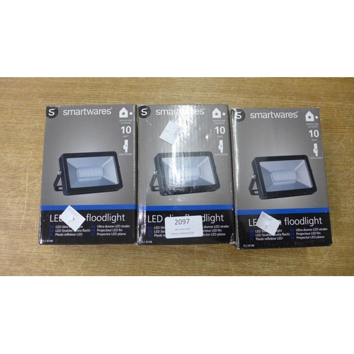 2097 - Three Smartwares LED external 10w slim flood lights (sealed)