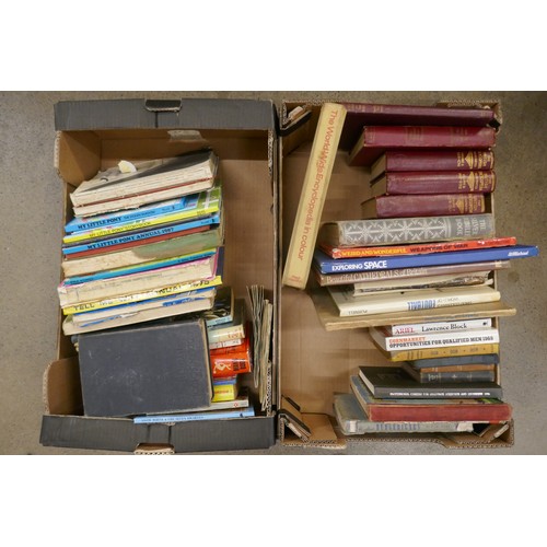 795 - Two boxes of books including annuals, tea card albums, encyclopedias, etc.