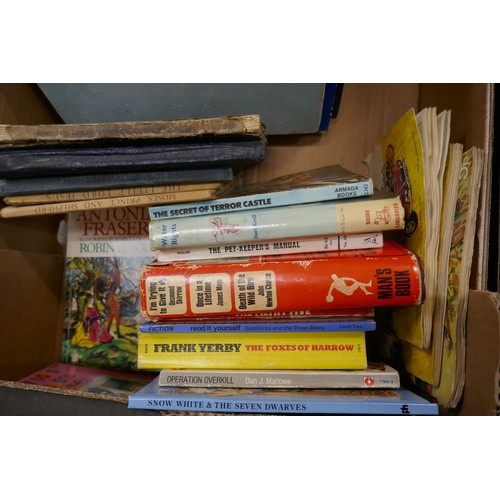 795 - Two boxes of books including annuals, tea card albums, encyclopedias, etc.