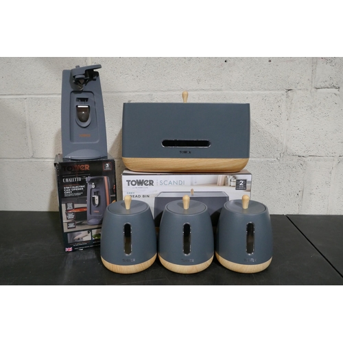 3004 - Tower matching canister set, bread bin And electric tin opener * this lot is subject to VAT