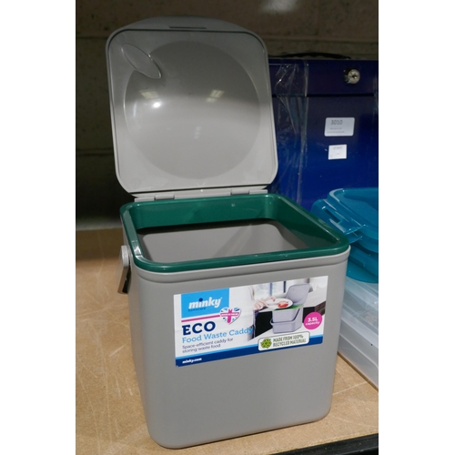 3010 - Assorted household items including food waste caddy, kitchen scale, Tuppaware and metal filing box *... 