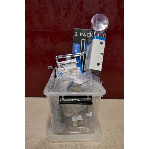 3058 - Assorted homeware, including:- suction shelf, toilet roll holder, toilet brush, etc. * This lot is s... 