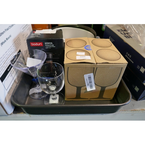 3088 - Quantity of drinking glasses, Bodum French press and a basking dish * This lot is subject to VAT