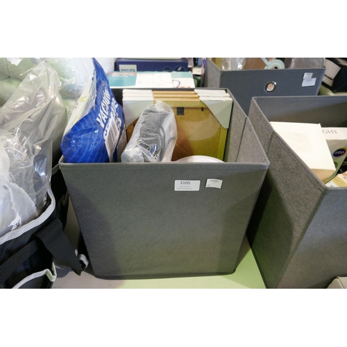 3105 - Fabric storage box containing assorted household items inc Vacuum Bags, Picture frames, Etc. * This ... 