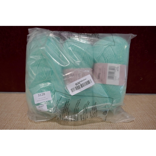 3128 - Three balls of 100% premium acrylic 100g mint wool - approx. 285 metres, pair of Ernan inline roller... 