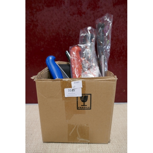 3145 - Assorted kitchen knives, knife carrier fabric case and two sharpeners * This lot is subject to VAT