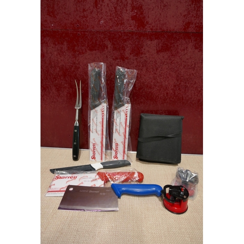 3145 - Assorted kitchen knives, knife carrier fabric case and two sharpeners * This lot is subject to VAT