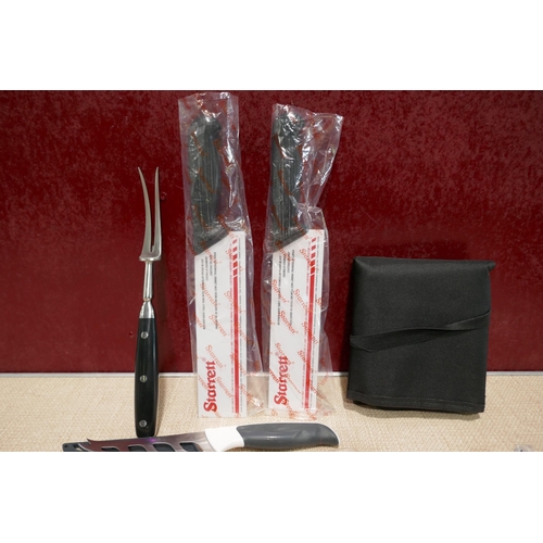 3145 - Assorted kitchen knives, knife carrier fabric case and two sharpeners * This lot is subject to VAT