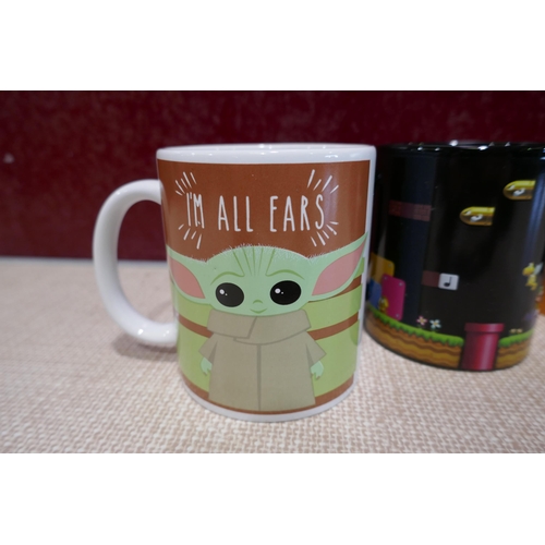 3150 - Five branded mugs:- Marvel, Ninteno, Star Wars, Assorted mugs and a ceramic jug etc. and assorted fl... 