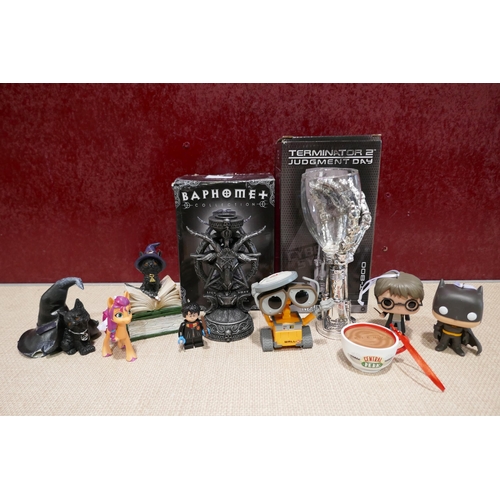 3151 - Terminator 2 novelty goblet and other character figures inc Harry Potter, Wall-e, Etc * This lot is ... 