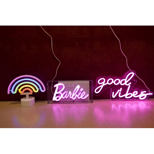 3176 - Three Neon illuminated signs inc Barbie / Good Vibes * This lot is subject to vat