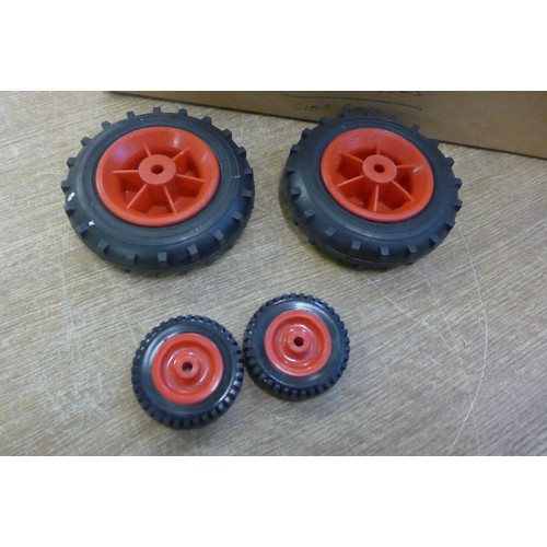 2116 - 9 Large and 11 small plastic wheels and rubber tires - suit Lego, etc.