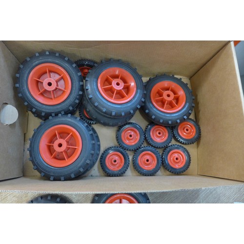 2116 - 9 Large and 11 small plastic wheels and rubber tires - suit Lego, etc.