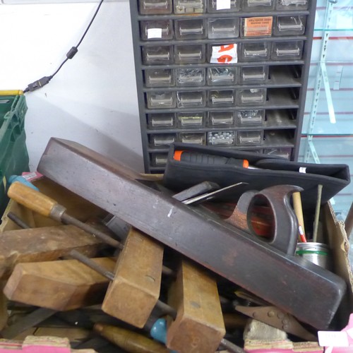 2134 - A box of woodworking tools including I. Sorby and a workshop organiser