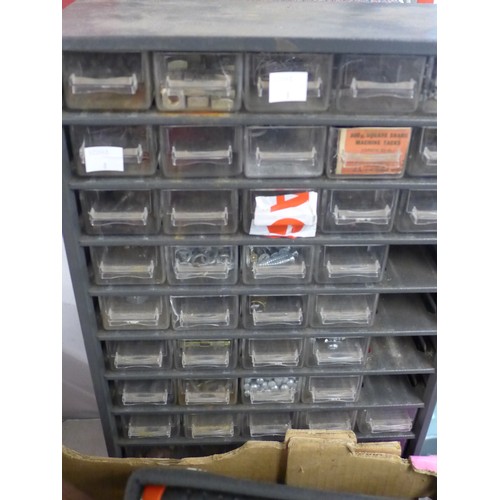 2134 - A box of woodworking tools including I. Sorby and a workshop organiser