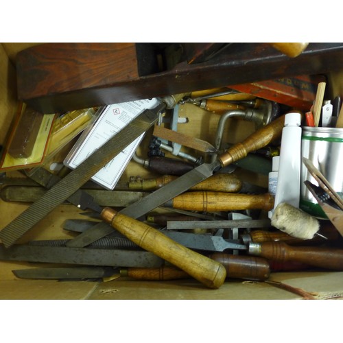 2134 - A box of woodworking tools including I. Sorby and a workshop organiser