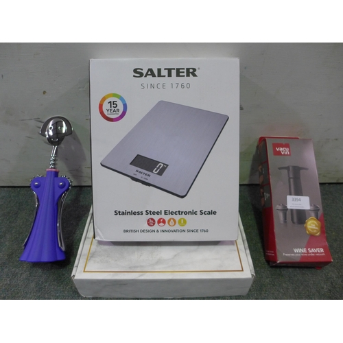 3394 - Two bottle openers & Salter kitchen scales *This lot is subject to vat