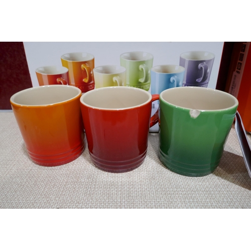 3183 - Set of six Le Creuset ceramic 350ml coffee mugs - mixed colours - one chipped