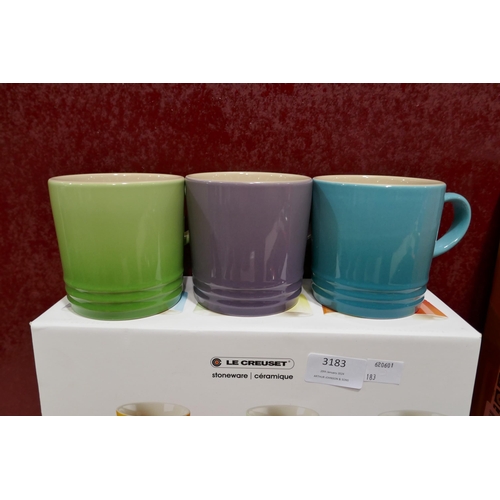 3183 - Set of six Le Creuset ceramic 350ml coffee mugs - mixed colours - one chipped