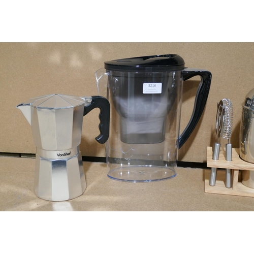3216 - Assorted homewares inc: cocktail making kit,mokka pot, kettle & water filter *This lot is subject to... 